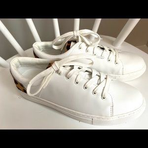 J Crew White Leather Leopard Calf Hair Tennis Shoes